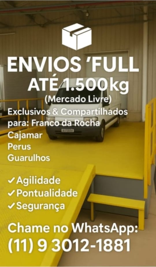van branca em doca de carga amarela divulgando envios Full do Mercado Livre